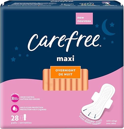 Carefree Overnight Maxi Pads with Wings – 28ct Comfort